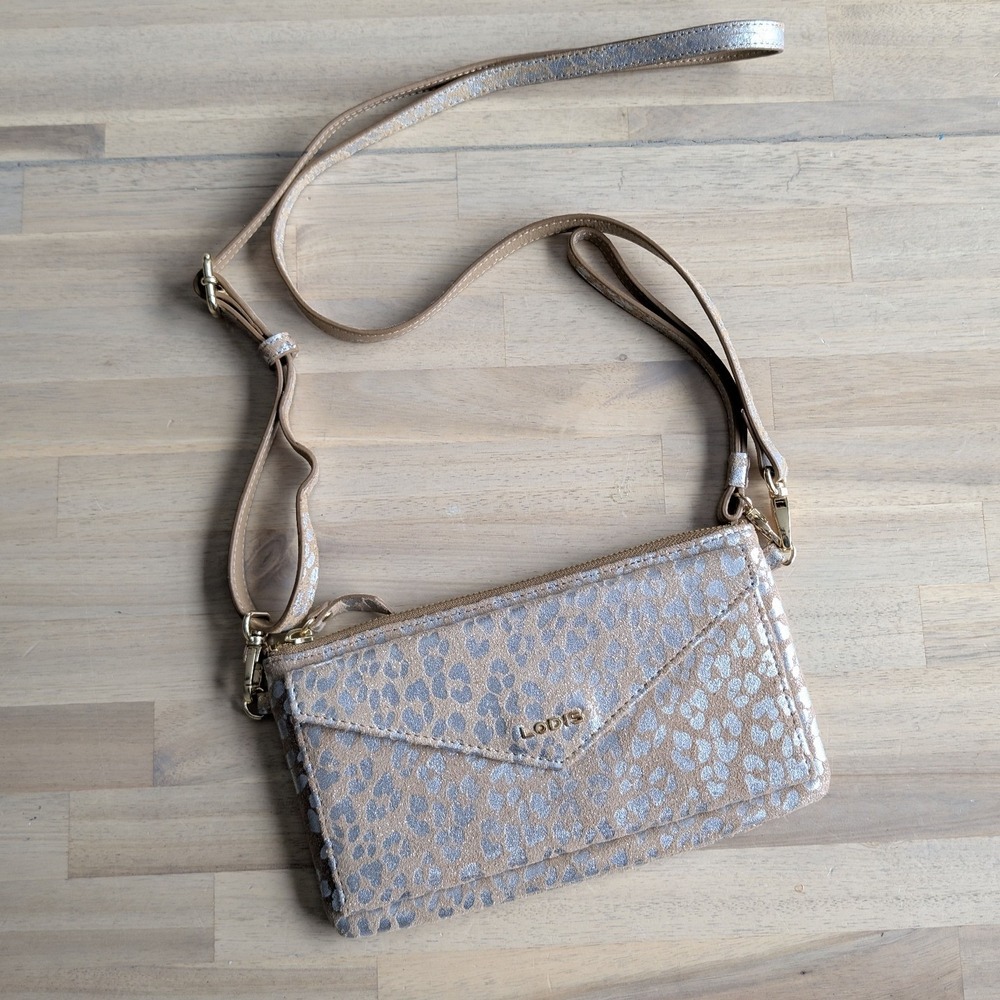 LODIS Leopard Print Crossbody Wallet Leather Clutch Tan/Metallic Silver